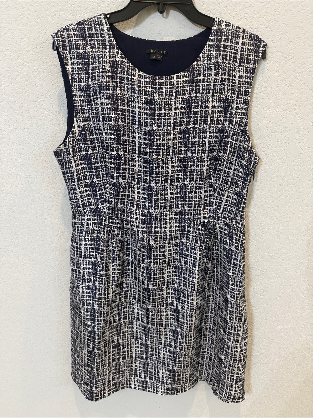 Theory Navy & Cream Trompe L’oeil Tweed Print Sheath Dress